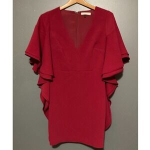 Halston Heritage Cape Sleeve Dress Womens 2 Red Party Chi Mini Ruffle Cocktail